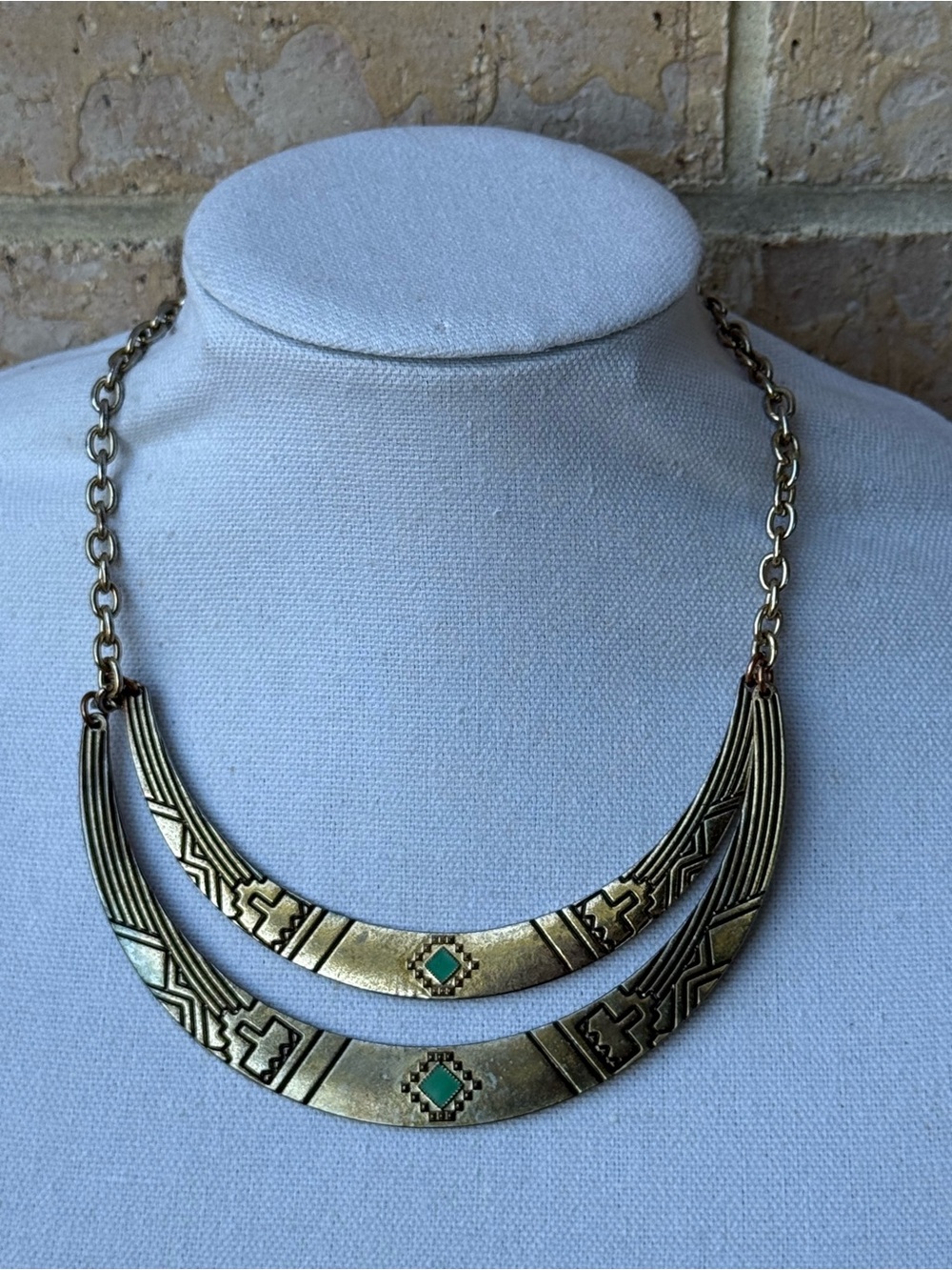 Gold-Tone Double Crescent Necklace with Teal Accents